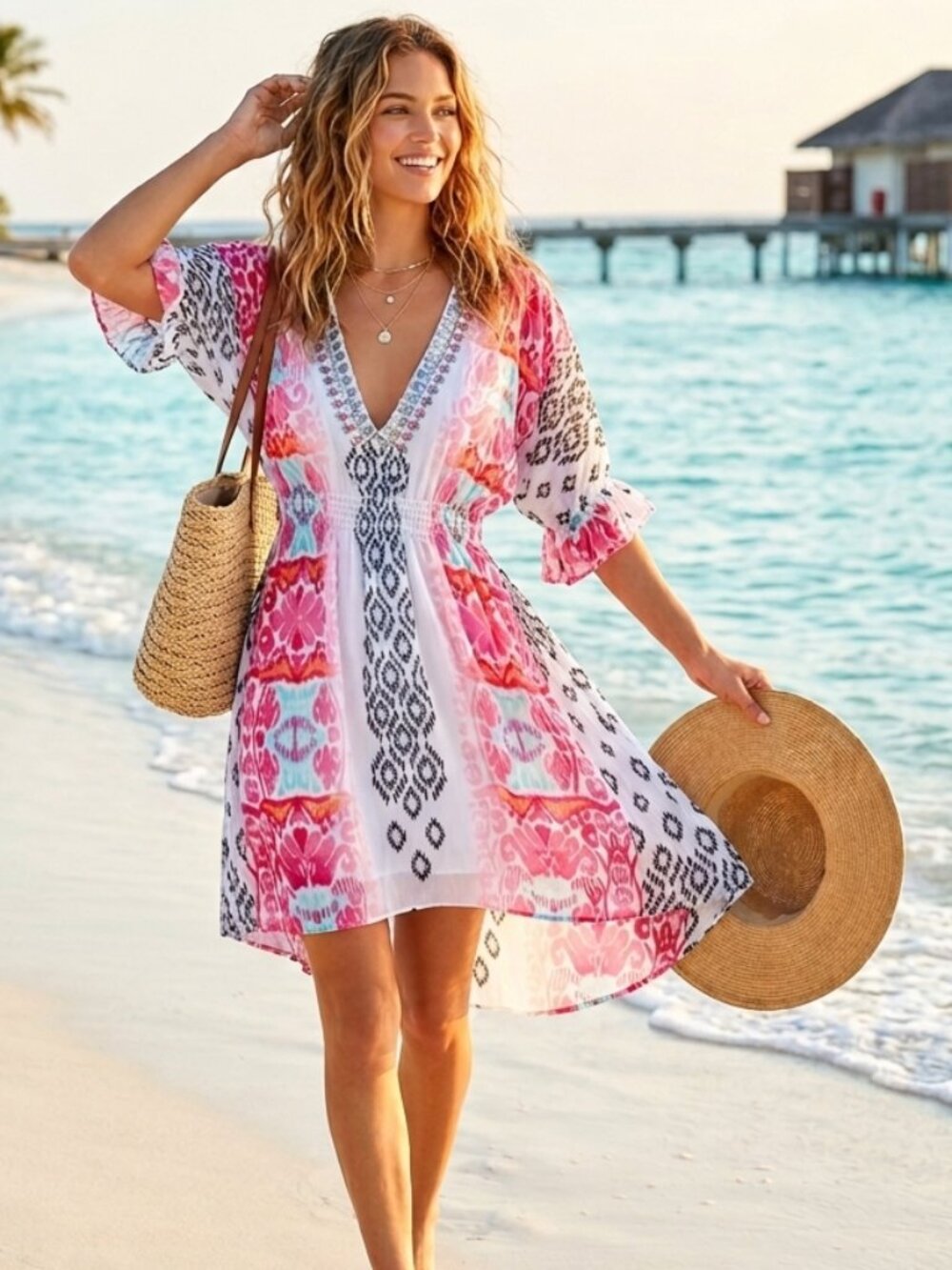 Bebe Printed Beach Cover-Up Mini Dress | Vibrant Pink & White | Size Small